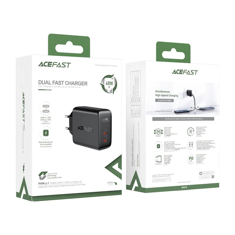 2x USB-C 40 W PPS PD QC 3.0 AFC FCP fali töltő, fekete 5