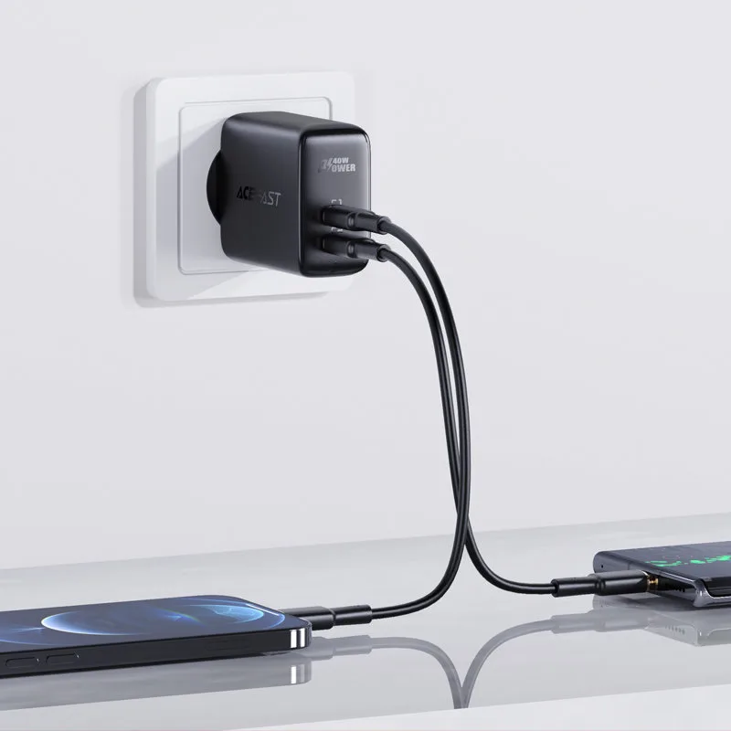 2x USB-C 40 W PPS PD QC 3.0 AFC FCP fali töltő, fekete 6