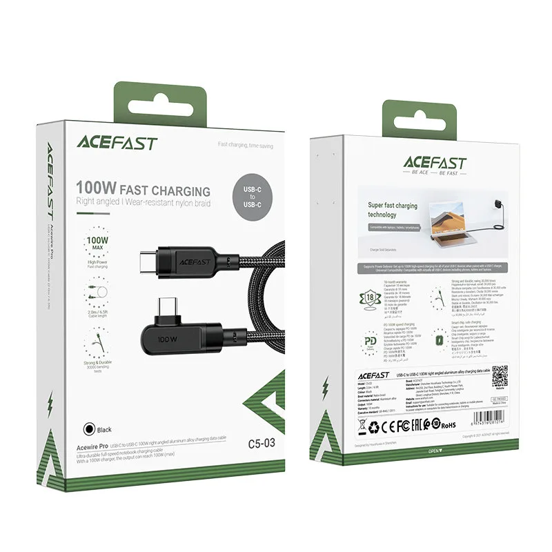 Kabel przewód kątowy w oplocie USB-C 100W 20V 5A 2m czarny 5