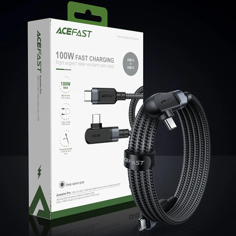 Kabel przewód kątowy w oplocie USB-C 100W 20V 5A 2m czarny 9