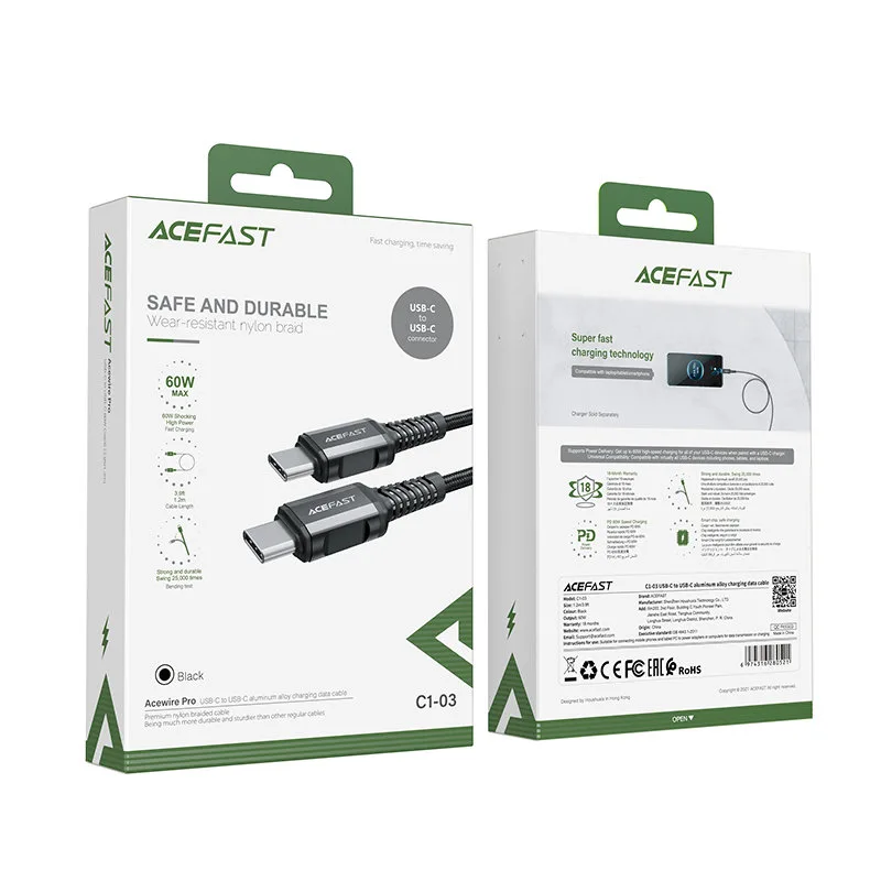 Kabel przewód w oplocie USB-C 60W 20V 3A 1.2m czarny 5