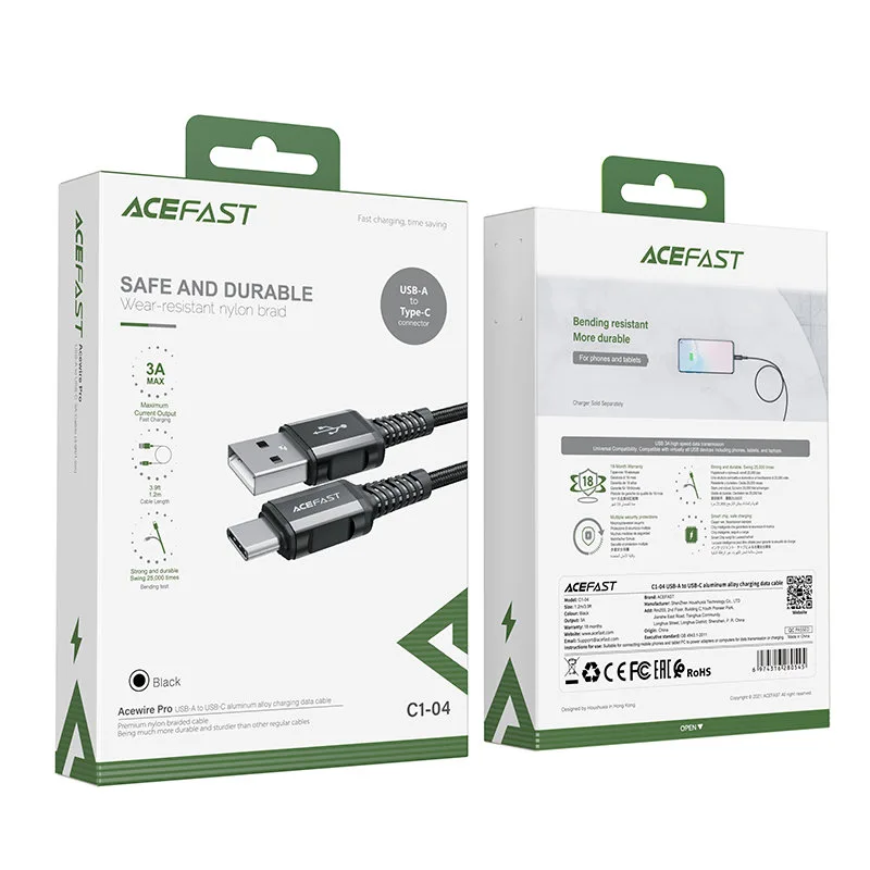 Kabel przewód w oplocie USB - USB-C 3A 1.2m czarny 5