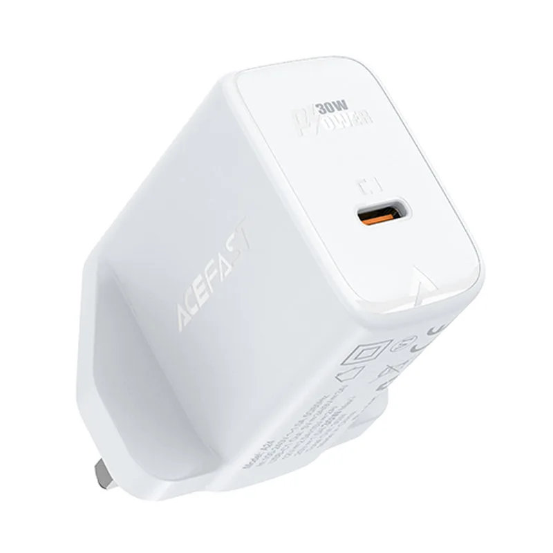 GaN USB-C 30 W Q3 3.0 AFC FCP brit csatlakozós fali töltő, fehér