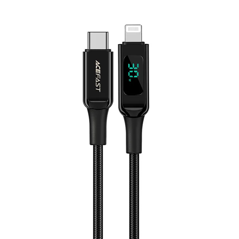 Fonott kábel LED-jelzővel iPhone-hoz MFI USB-C – Lightning 1,2 m 30 W 3 A fekete