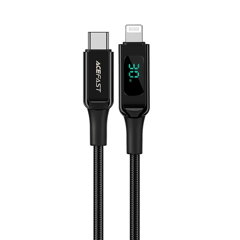 Fonott kábel LED-jelzővel iPhone-hoz MFI USB-C – Lightning 1,2 m 30 W 3 A fekete Fonott kábel LED-jelzővel iPhone-hoz MFI USB-C – Lightning 1,2 m 30 W 3 A fekete
