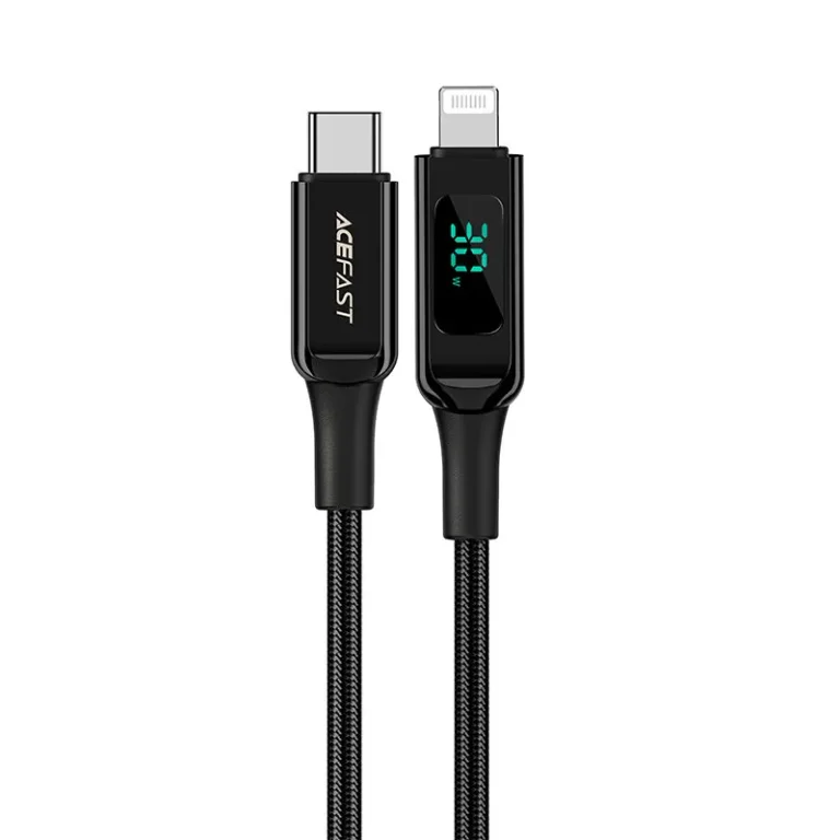 Fonott kábel LED-jelzővel iPhone-hoz MFI USB-C – Lightning 1,2 m 30 W 3 A fekete