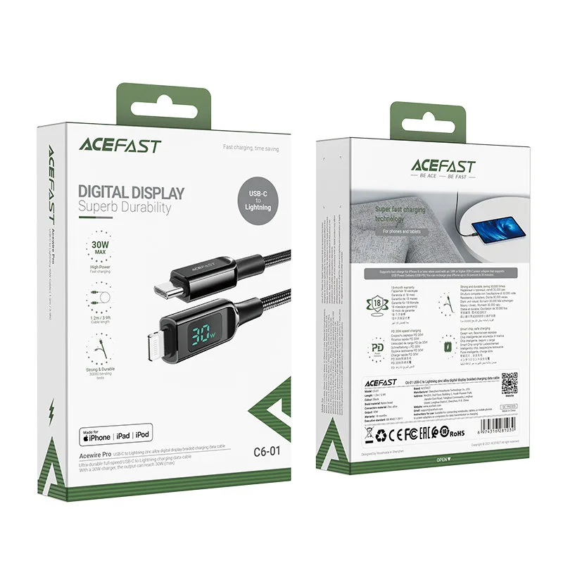 Fonott kábel LED-jelzővel iPhone-hoz MFI USB-C – Lightning 1,2 m 30 W 3 A fekete 5