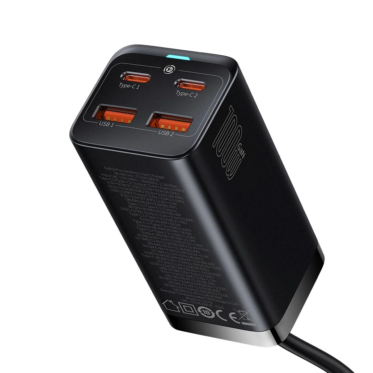 Rýchla univerzálna nabíjačka GaN do zásuvky 2x USB-C 2x USB 100 W QC 4.0+ AFC čierna 6