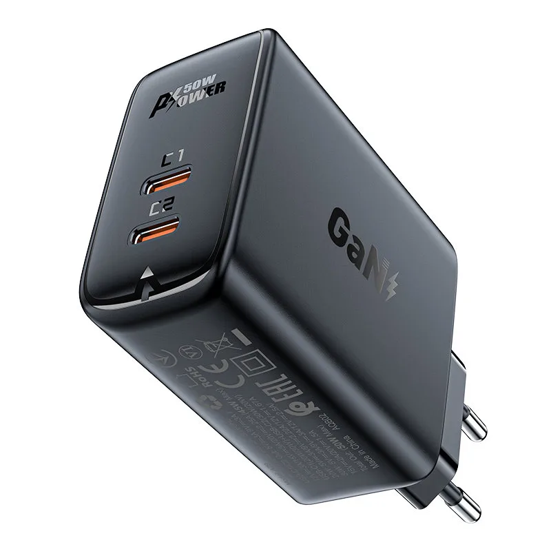 A29 GaN fali töltő, két USB-C PD 50 W-os porttal, fekete