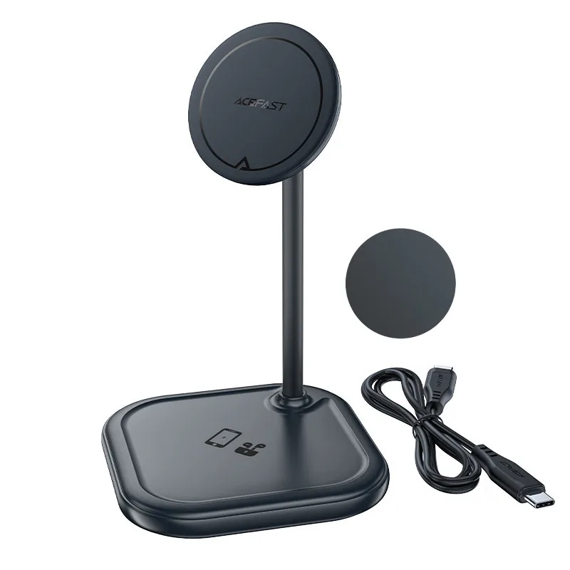 2 az 1-ben 15 W-os Qi vezeték nélküli töltő és állvány iPhone és Apple AirPods E6 készülékekhez, fekete