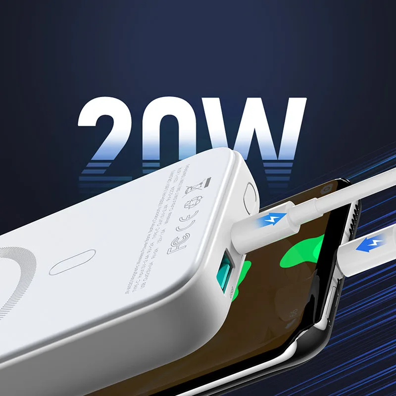 10 000 mAh-s mágneses mini powerbank QC, PD, USB és USB-C csatlakozókkal, fehér 4