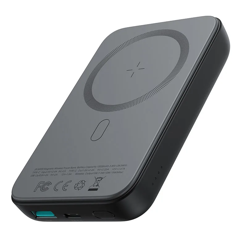 Mini 10000 mAh mágneses power bank QC PD USB és USB-C töltőkkel, fekete