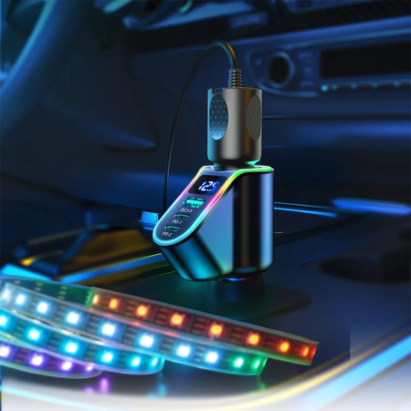 4w1 Szybka ładowarka samochodowa USB-A 2x USB-C PD 150W czarna 11