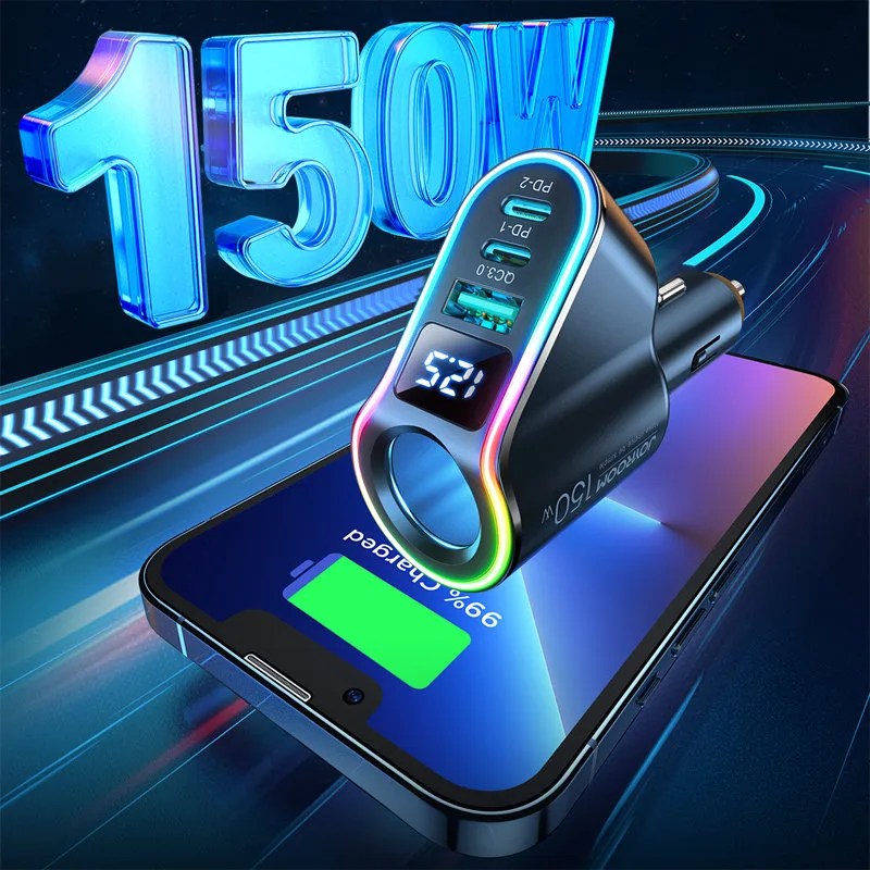 4w1 Szybka ładowarka samochodowa USB-A 2x USB-C PD 150W czarna 4