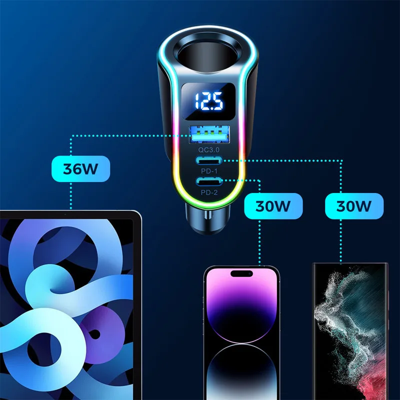 4w1 Szybka ładowarka samochodowa USB-A 2x USB-C PD 150W czarna 6