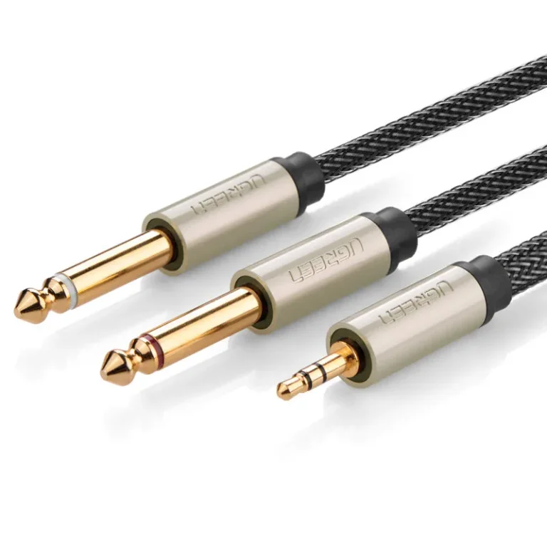 3,5 mm-es mini jack – 2x 6,35 mm-es jack audio elosztó kábel, 1 m, szürke