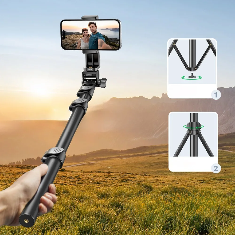 Baston pentru selfie cu suport și telecomandă Bluetooth, baston lung pentru selfie de 1,8 m, negru 2