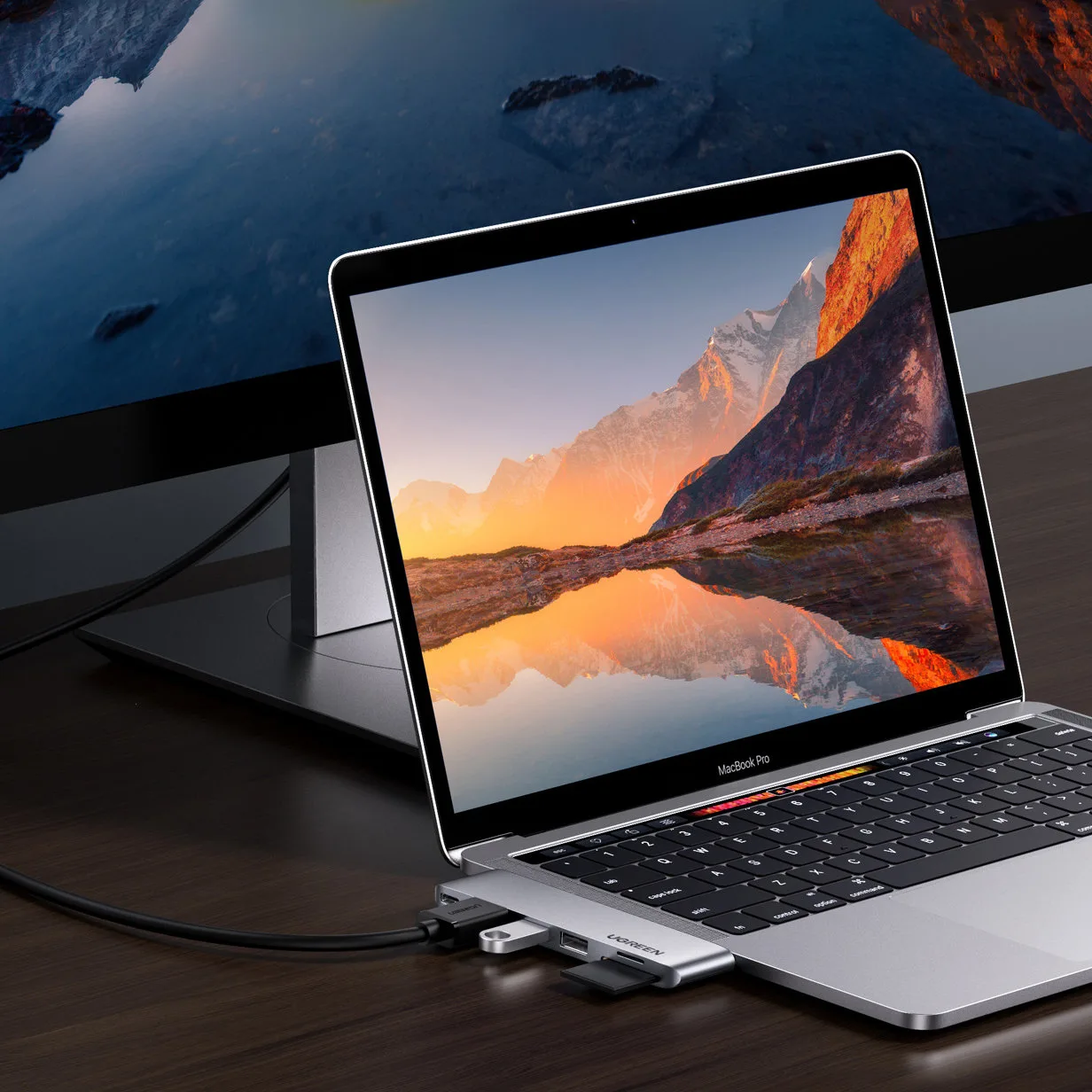 MacBook Air Pro 2x USB-C HDMI 2x USB 3.0 SD TF PD Port Hub, Grau 2