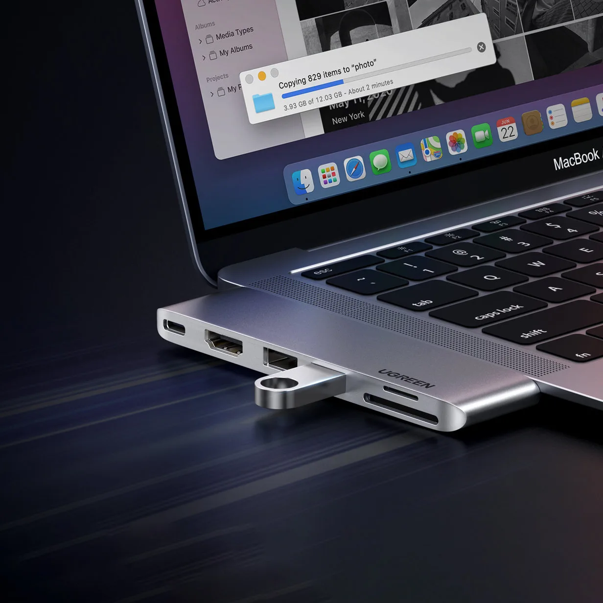 MacBook Air Pro 2x USB-C HDMI 2x USB 3.0 SD TF PD Port Hub, Grau 3