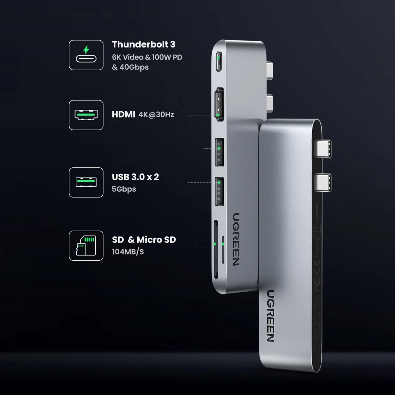 MacBook Air Pro 2x USB-C HDMI 2x USB 3.0 SD TF PD Port Hub, Grau 6