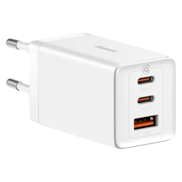 GaN 65 W-os gyorstöltő 2x USB-C porttal + fehér USB-C kábel
