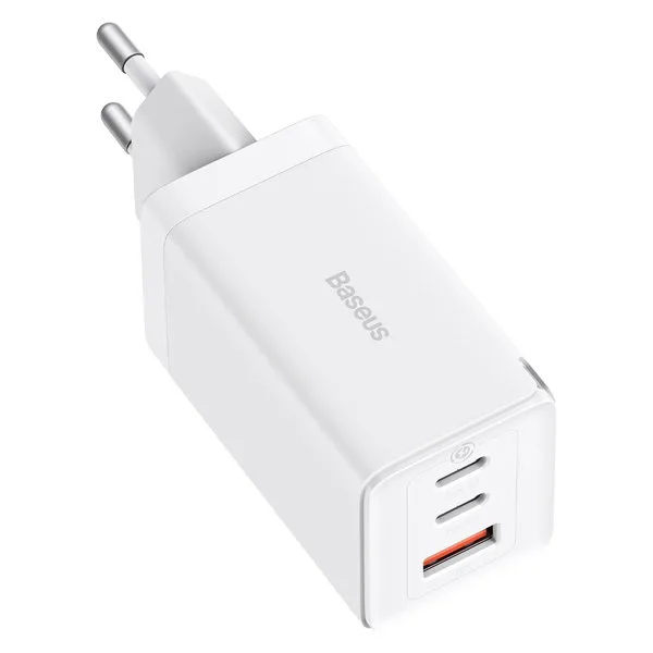 GaN 65W Fast Charger with 2x USB-C Ports + White USB-C Cable 2