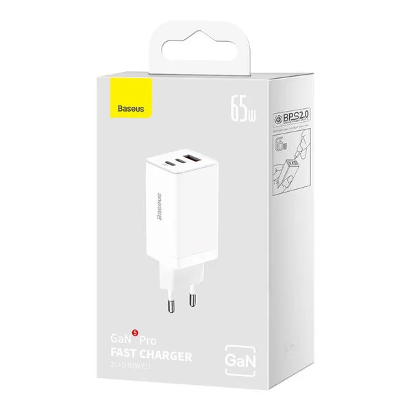 GaN 65W Fast Charger with 2x USB-C Ports + White USB-C Cable 5