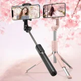2w1 Kijek teleskopowy Selfie Stick z pilotem i ze statywem stojakiem do telefonu czarny 2
