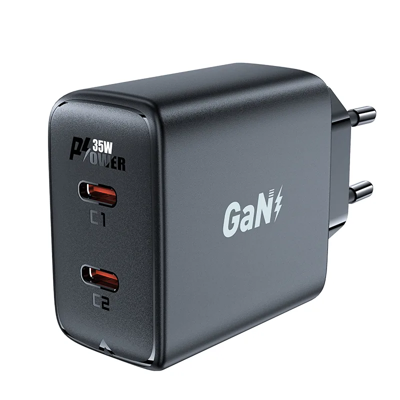 35 W-os GaN PD gyors fali töltő 2x USB-C porttal (fekete)