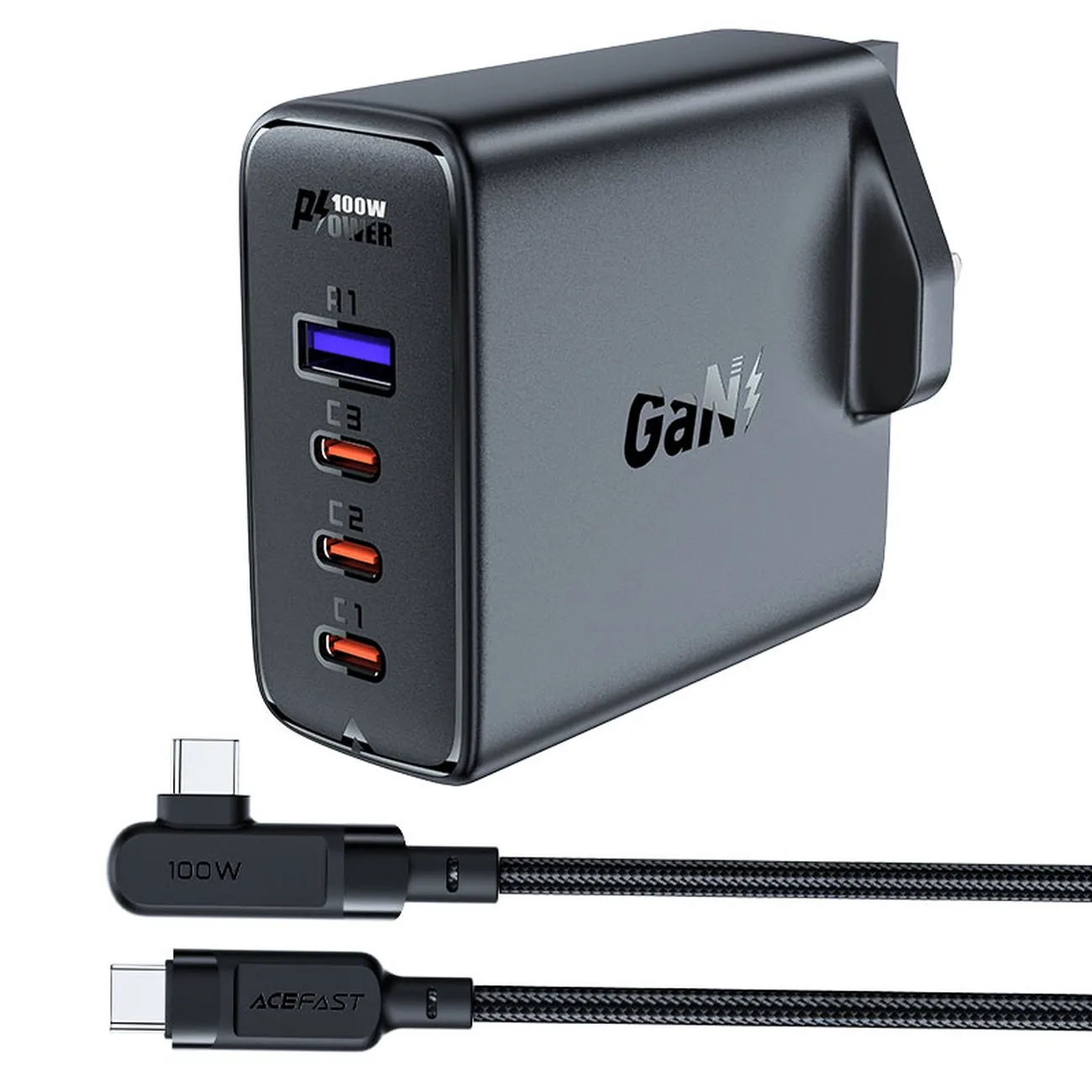 2 az 1-ben kábel és gyors GaN fali töltő, brit csatlakozóval, 100 W PD, 3x USB-C, USB, fekete