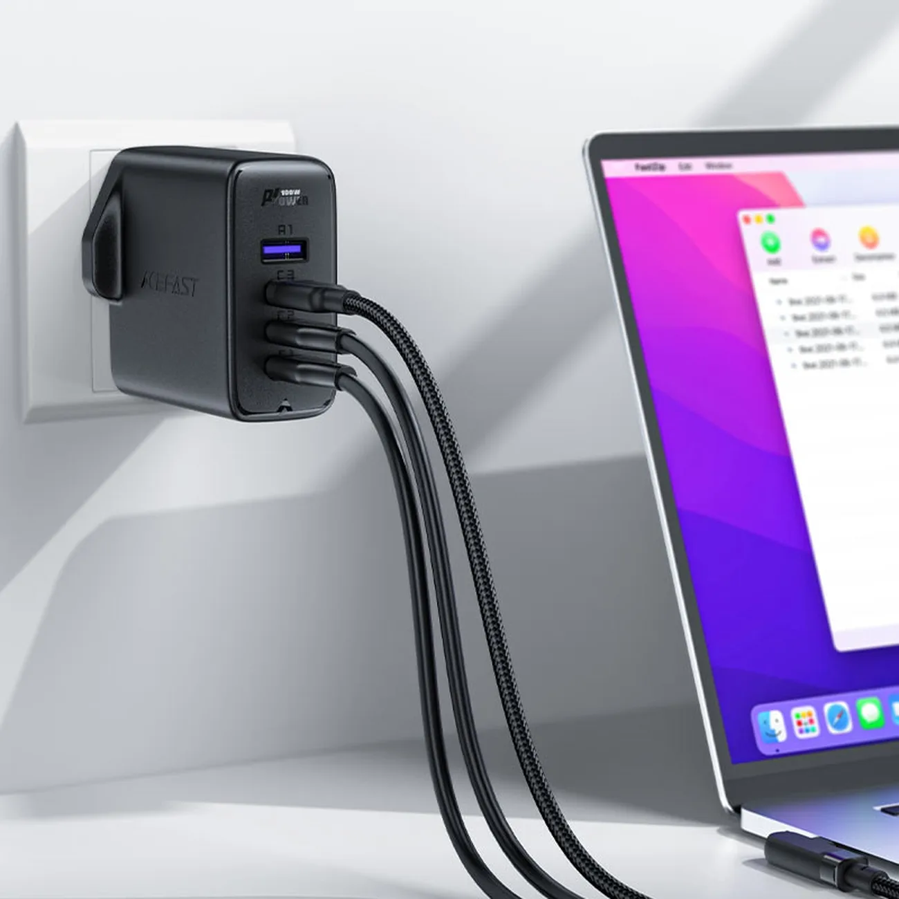 2-in-1 Cable and Fast GaN Wall Charger, UK Plug, 100W PD, 3x USB-C, USB, Black 2
