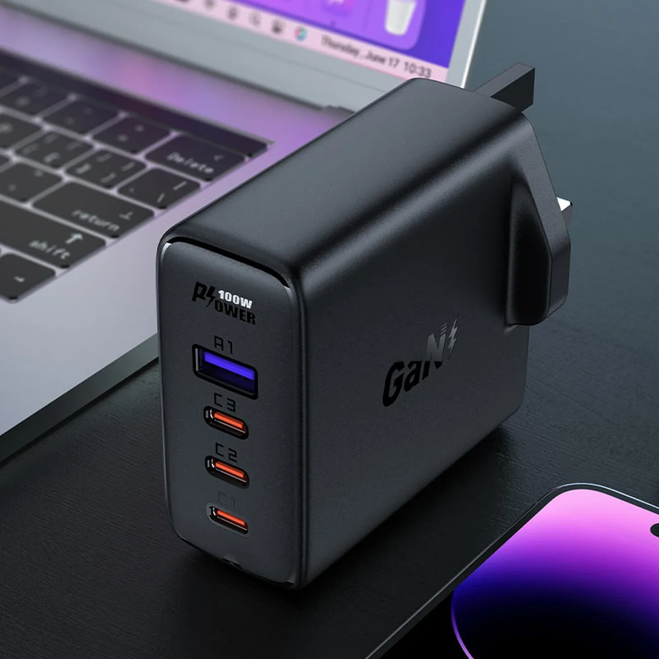 2-in-1 Cable and Fast GaN Wall Charger, UK Plug, 100W PD, 3x USB-C, USB, Black 3