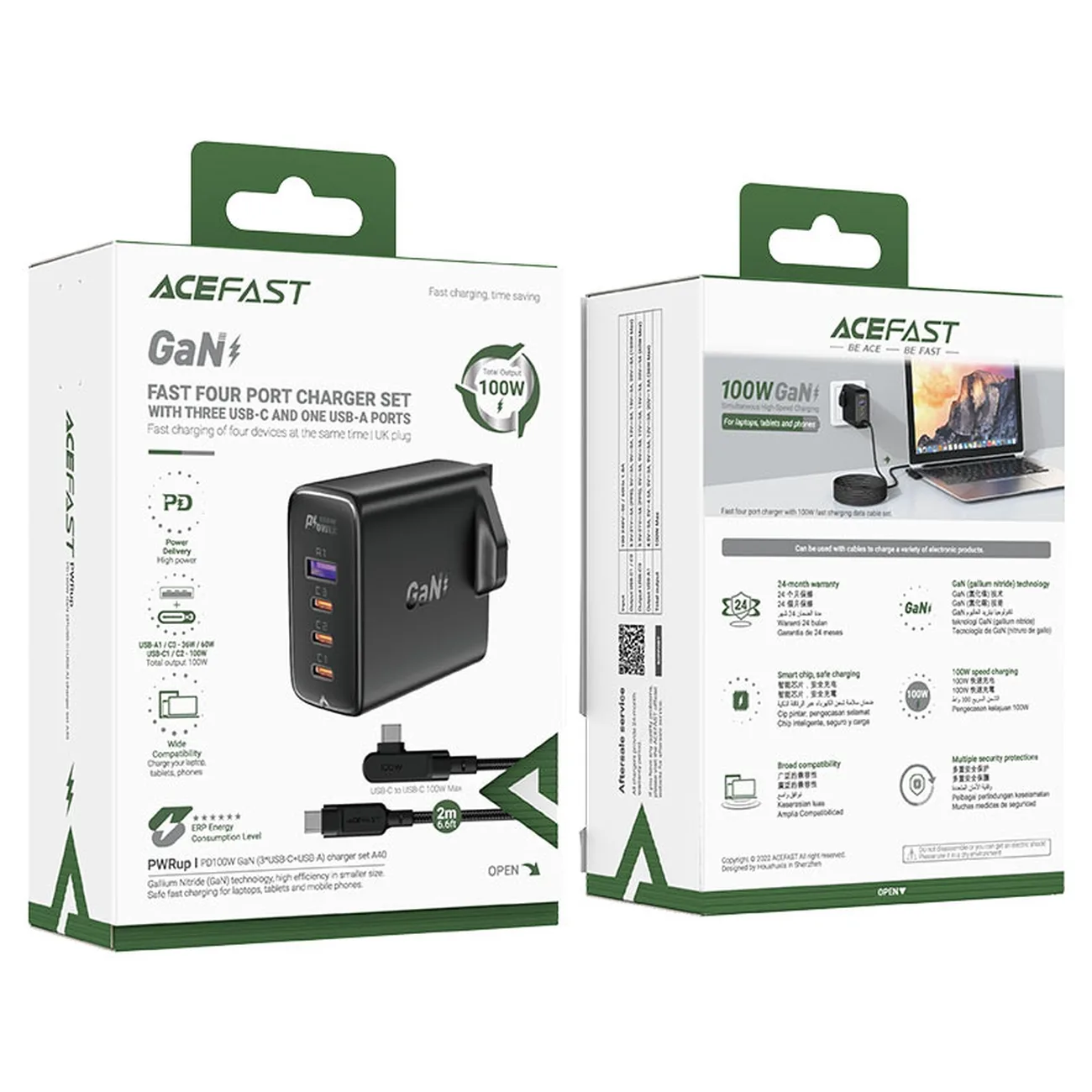2-in-1 Cable and Fast GaN Wall Charger, UK Plug, 100W PD, 3x USB-C, USB, Black 5
