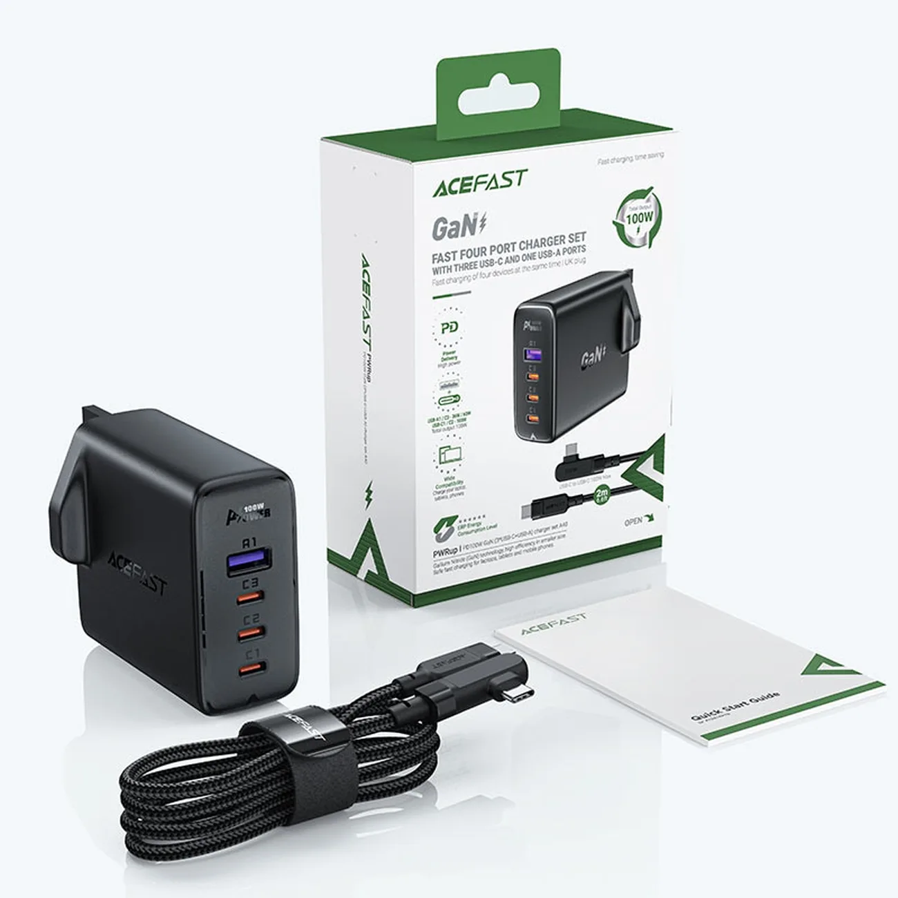 2-in-1 Cable and Fast GaN Wall Charger, UK Plug, 100W PD, 3x USB-C, USB, Black 6