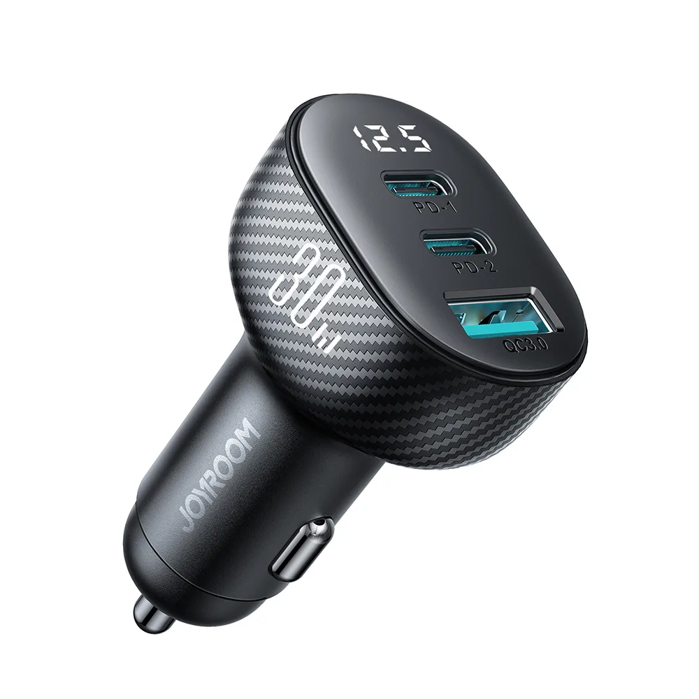 Autós töltő kijelzővel, 2x USB-C, USB-A, 30 W, fekete