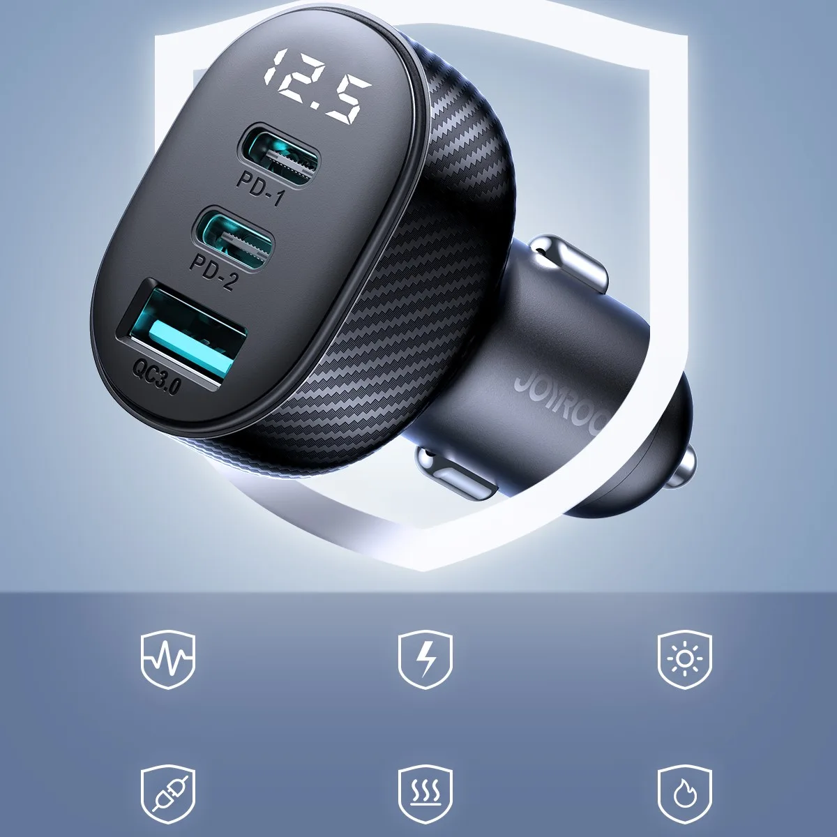 Încărcător auto cu afișaj, 2x USB-C, USB-A, 30 W, negru 9