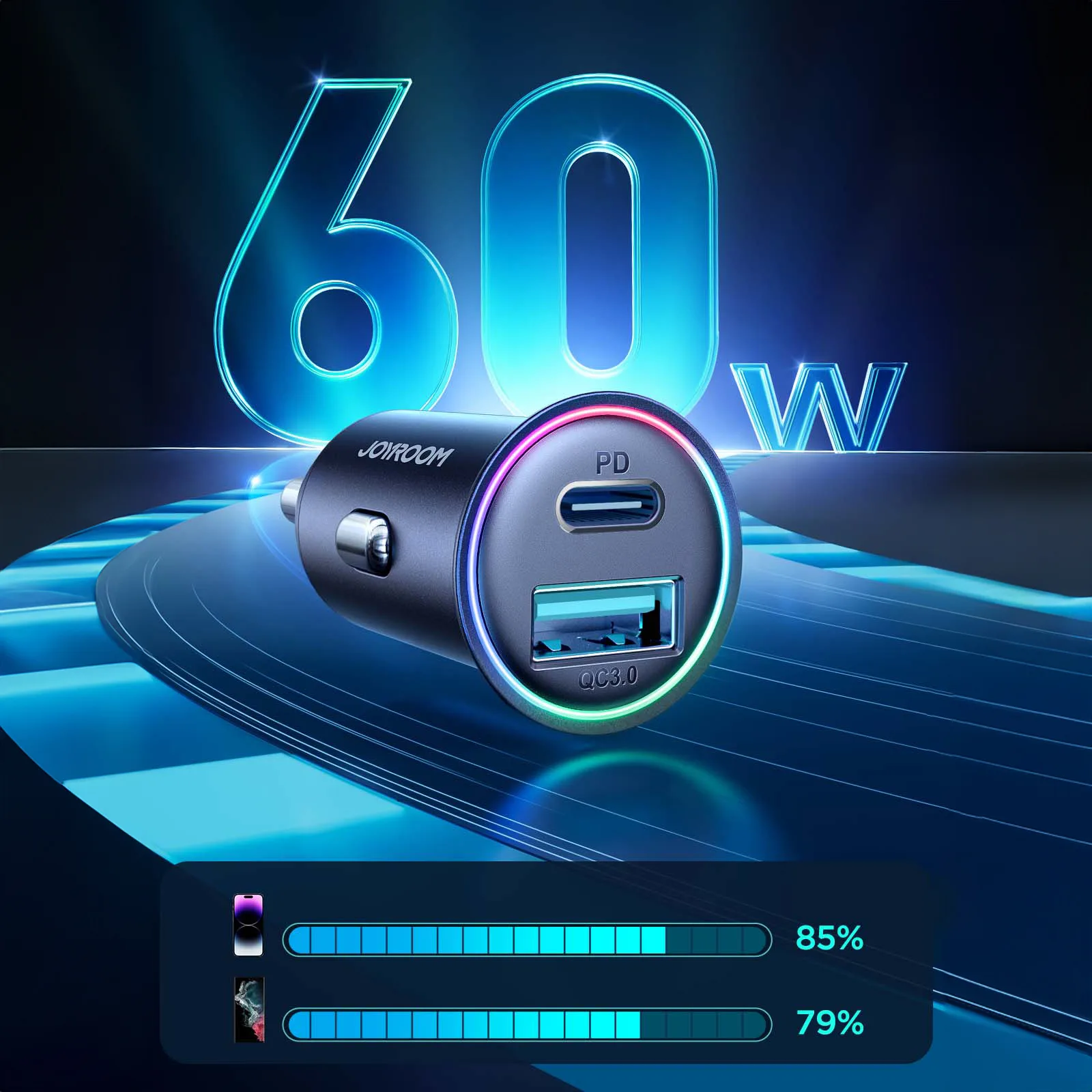Mini ładowarka samochodowa 60W USB-A QC3.0 USB-C PD czarna 10