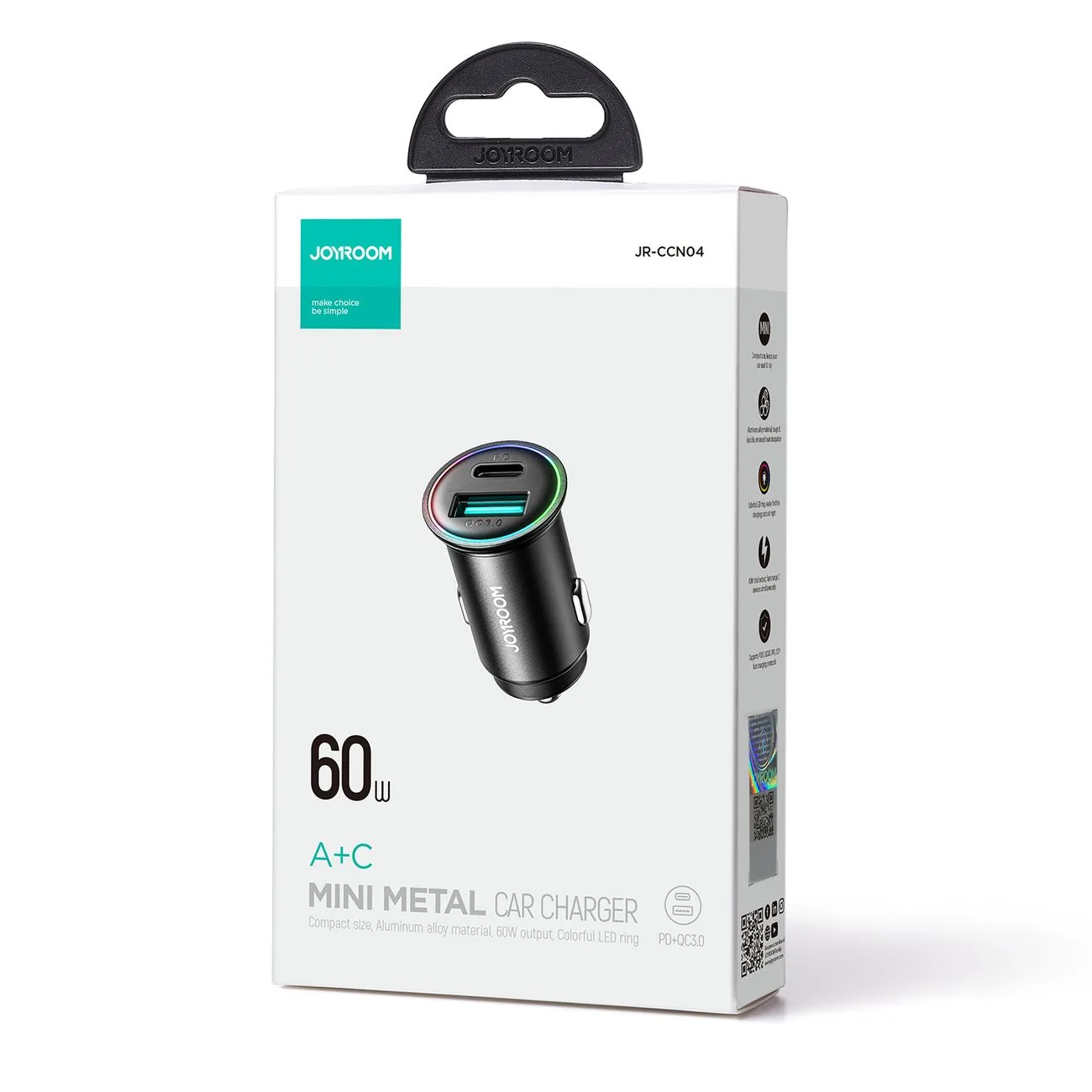 Mini ładowarka samochodowa 60W USB-A QC3.0 USB-C PD czarna 5