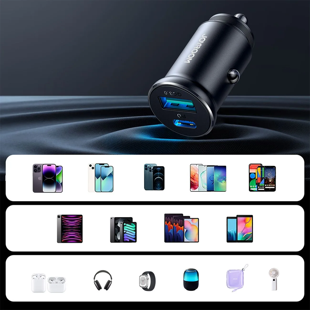 30W Mini Car Charger USB-A QC3.0 USB-C PD Black 11