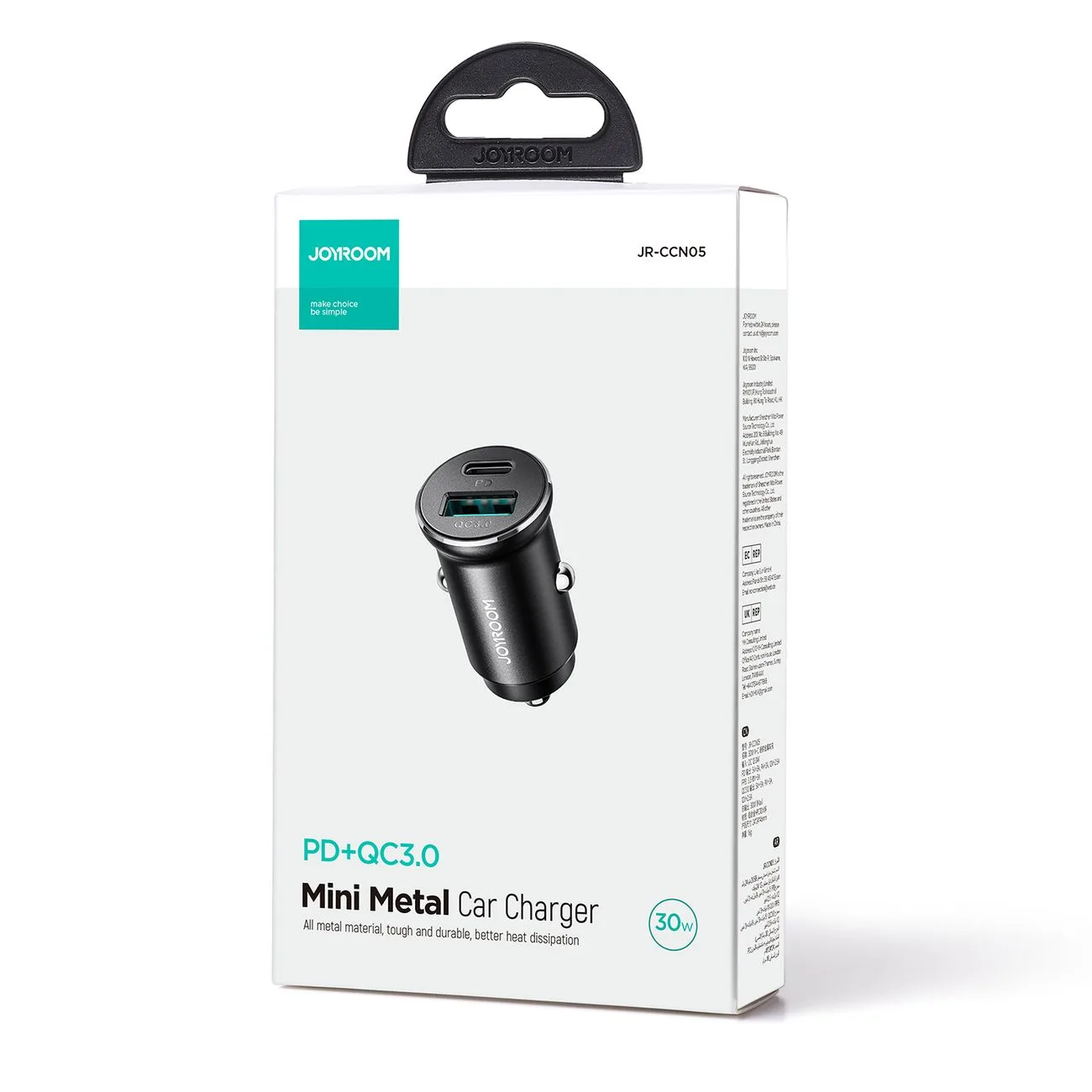 30W Mini Car Charger USB-A QC3.0 USB-C PD Black 5