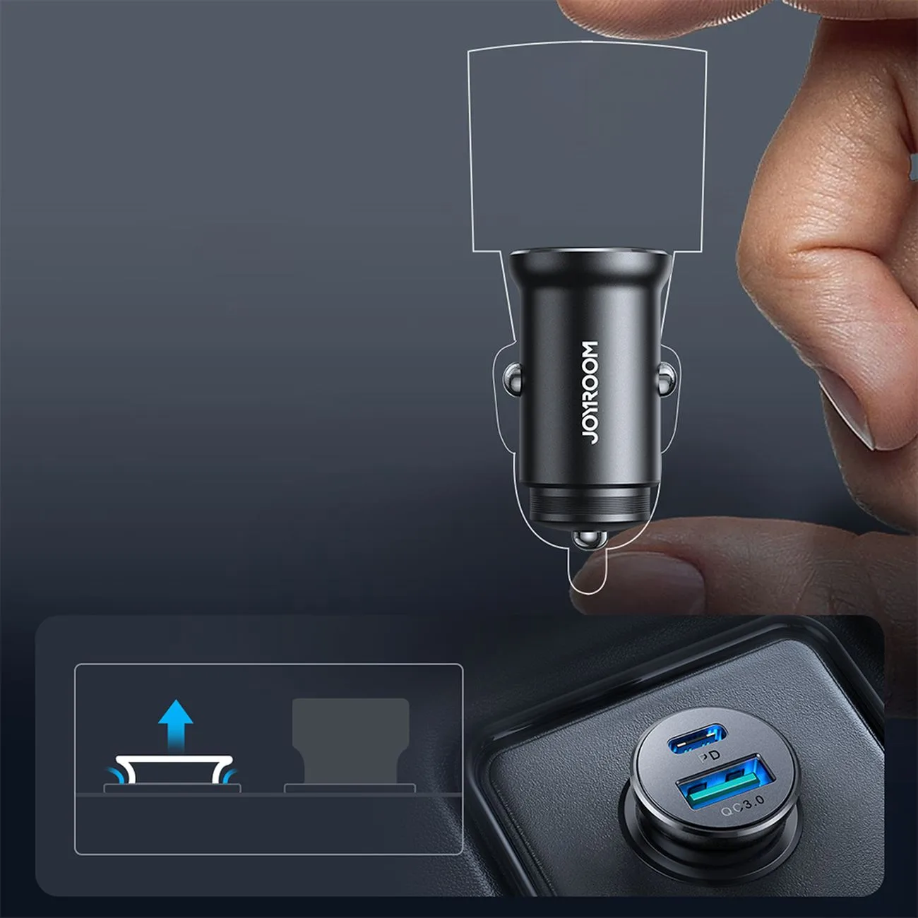 30W Mini Car Charger USB-A QC3.0 USB-C PD Black 6