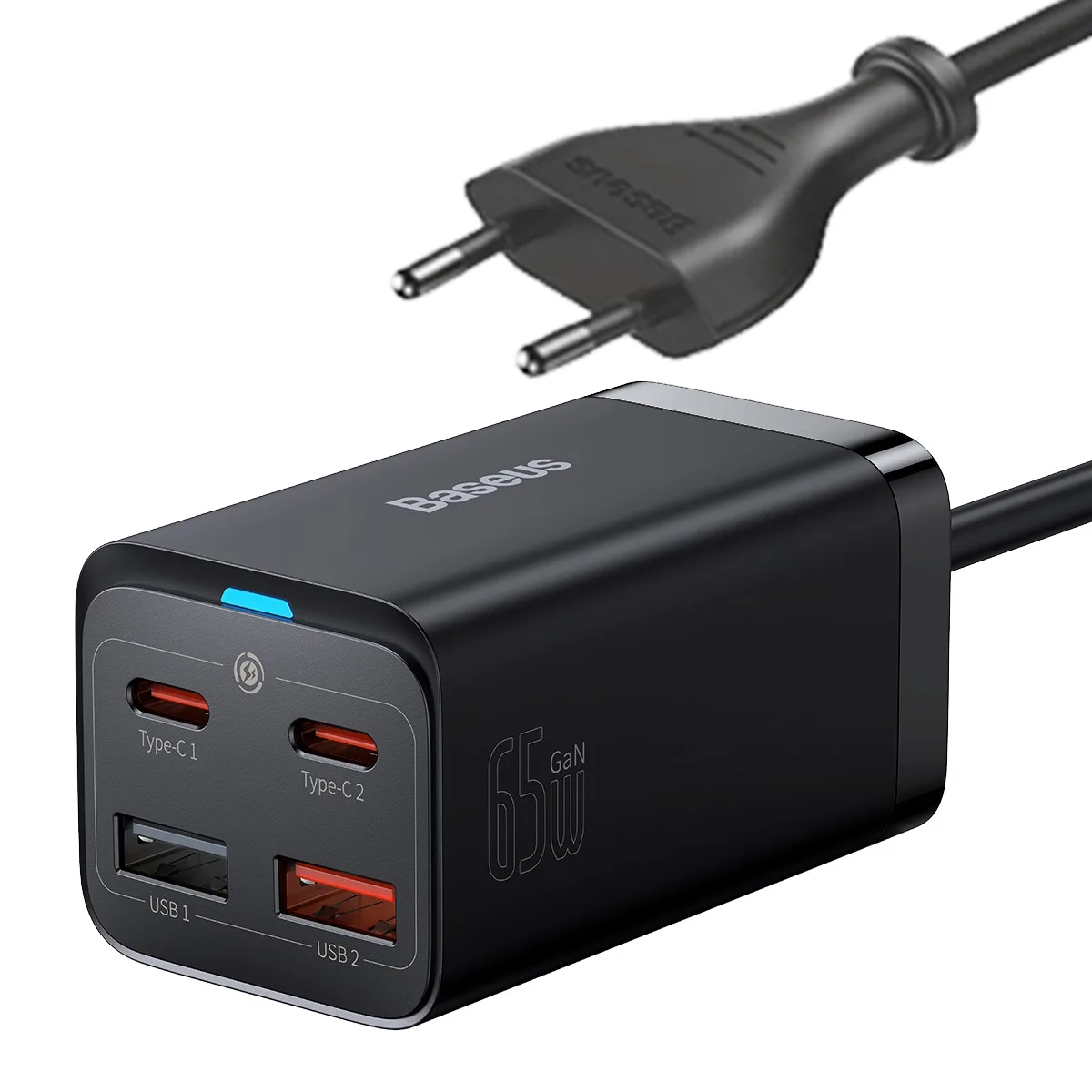 Rýchla nabíjačka GaN3 Pro do zásuvky 2x USB-C / 2x USB 65 W PD QC + 1 m USB-C kábel, čierna Rýchla nabíjačka GaN3 Pro do zásuvky 2x USB-C / 2x USB 65 W PD QC + 1 m USB-C kábel, čierna