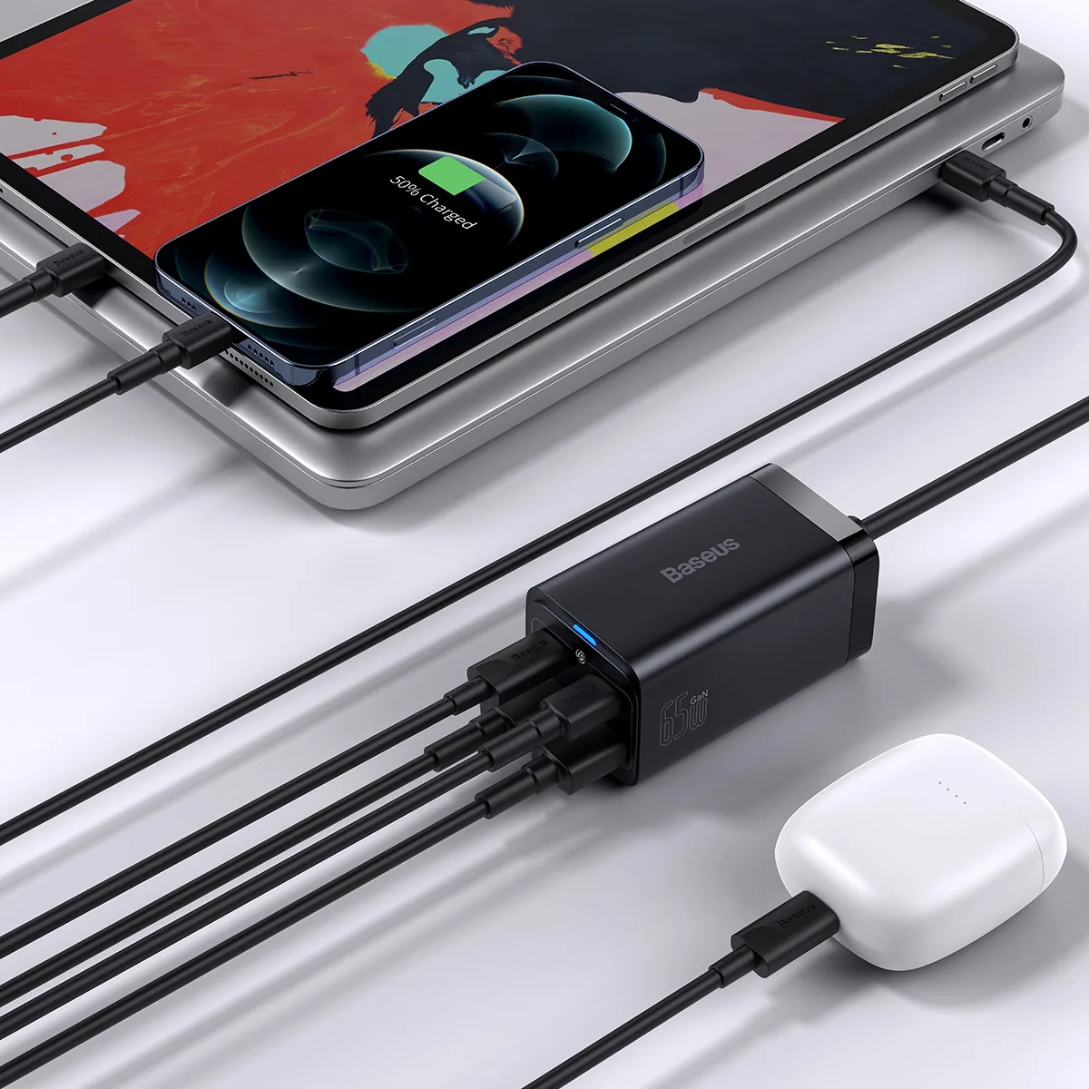 Rýchla nabíjačka GaN3 Pro do zásuvky 2x USB-C / 2x USB 65 W PD QC + 1 m USB-C kábel, čierna 10