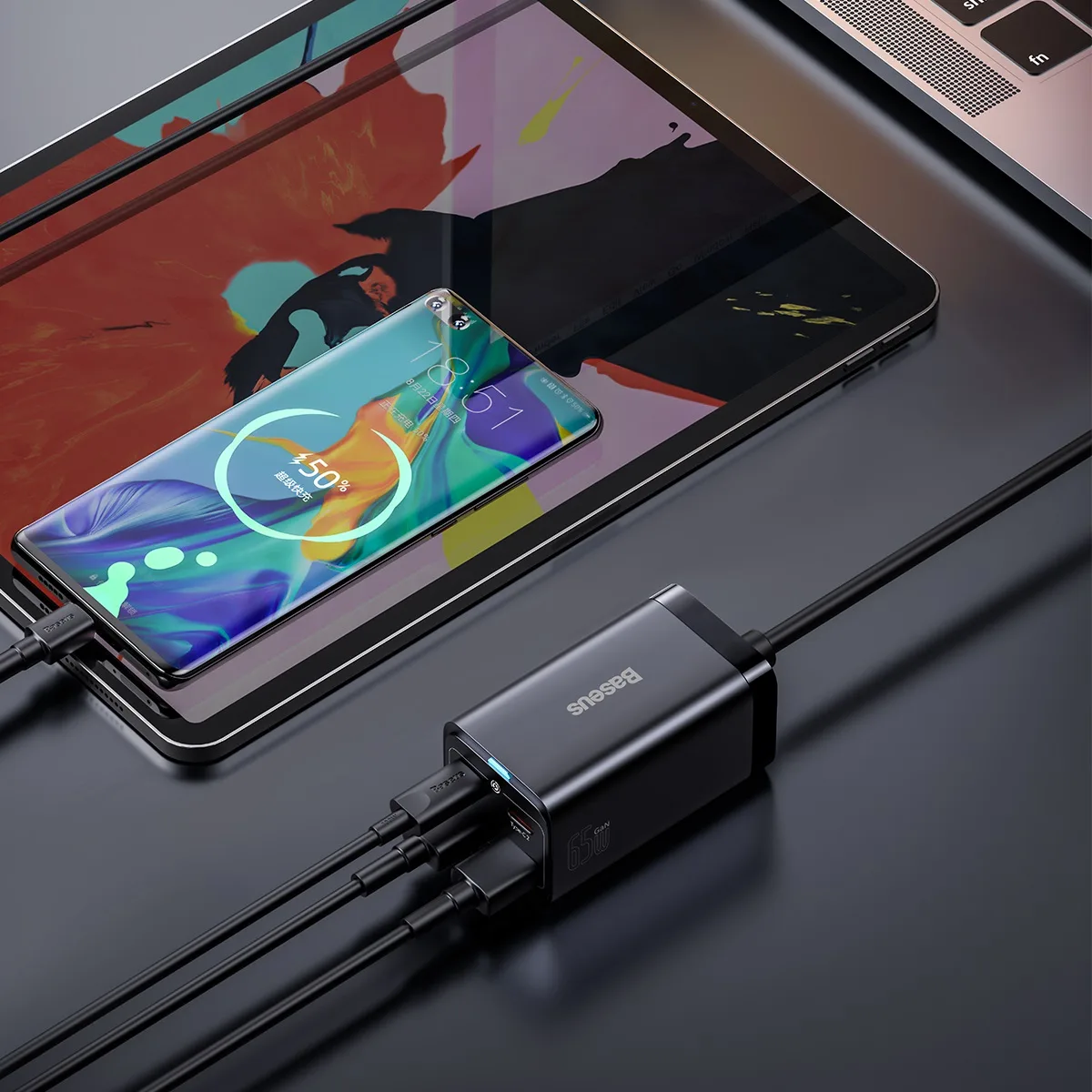 Rýchla nabíjačka GaN3 Pro do zásuvky 2x USB-C / 2x USB 65 W PD QC + 1 m USB-C kábel, čierna 8