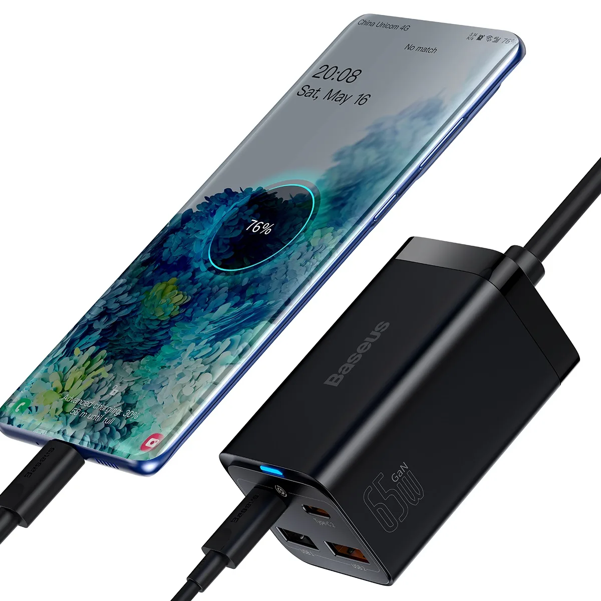 Rýchla nabíjačka GaN3 Pro do zásuvky 2x USB-C / 2x USB 65 W PD QC + 1 m USB-C kábel, čierna 9