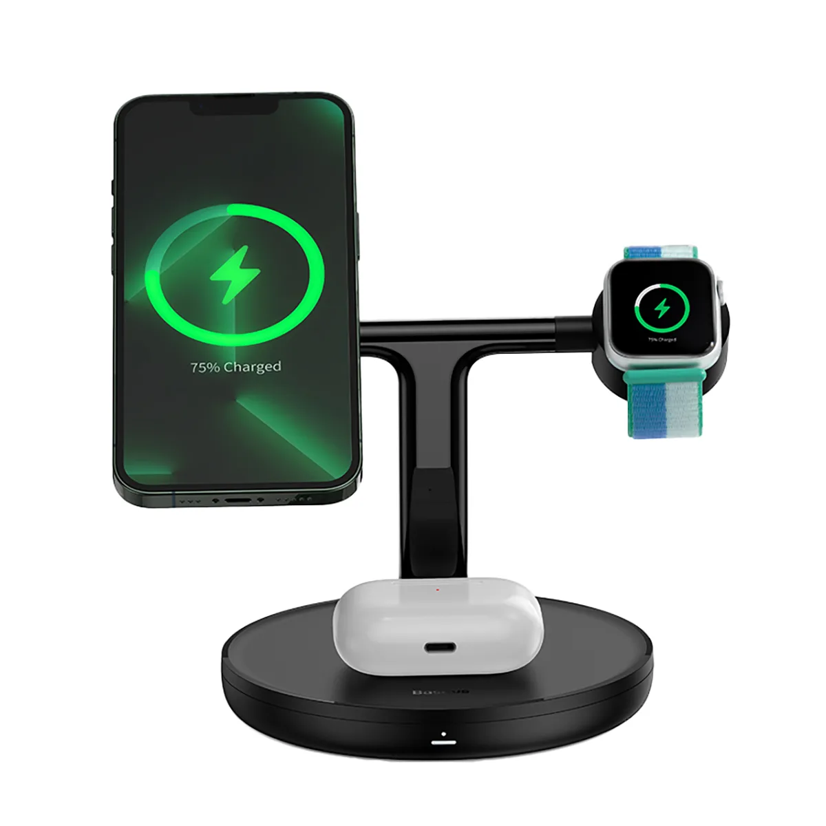 3 az 1-ben induktív töltőállvány iPhone, Apple Watch és AirPods készülékekhez + 1 m-es USB-C kábel, fekete