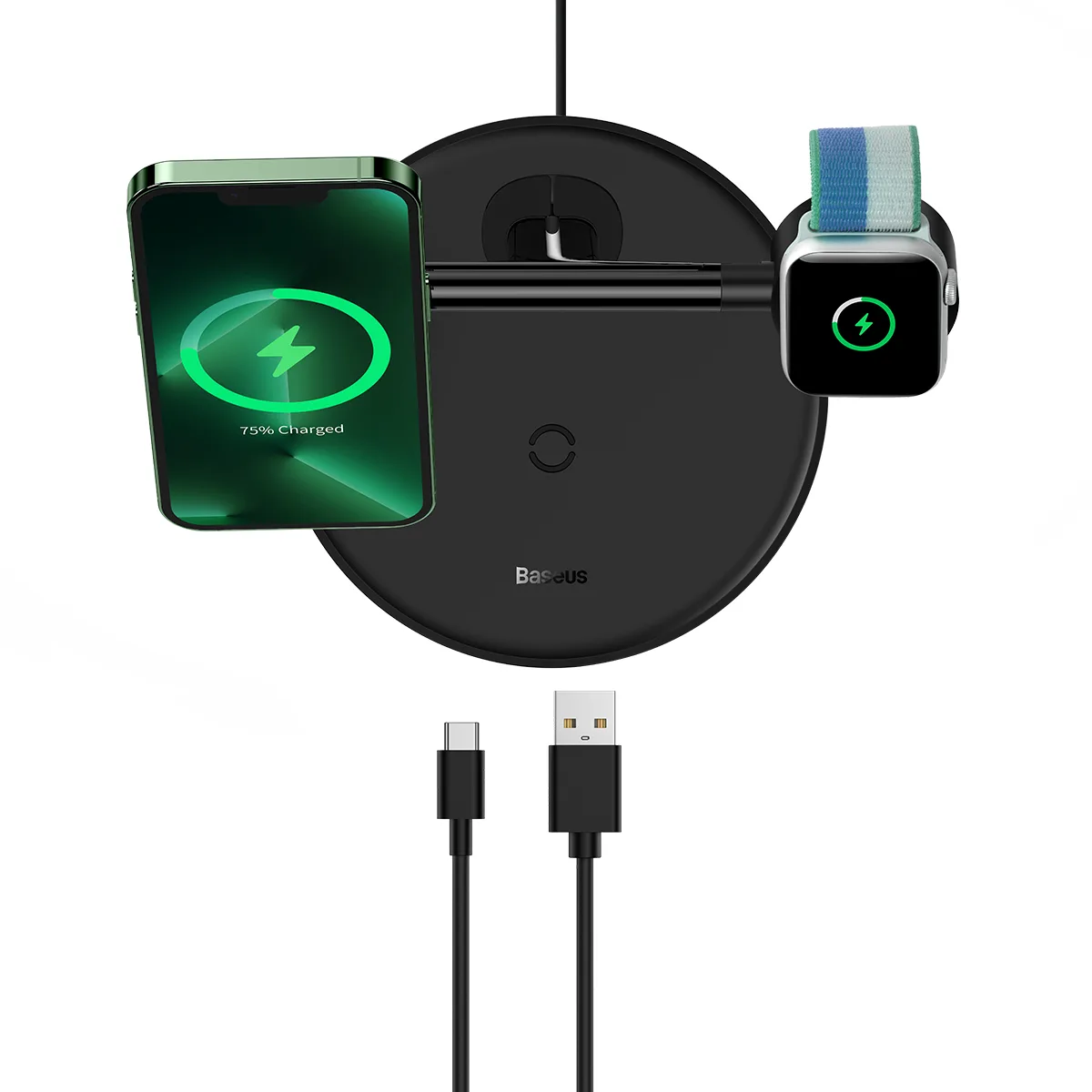 3 az 1-ben induktív töltőállvány iPhone, Apple Watch és AirPods készülékekhez + 1 m-es USB-C kábel, fekete 7