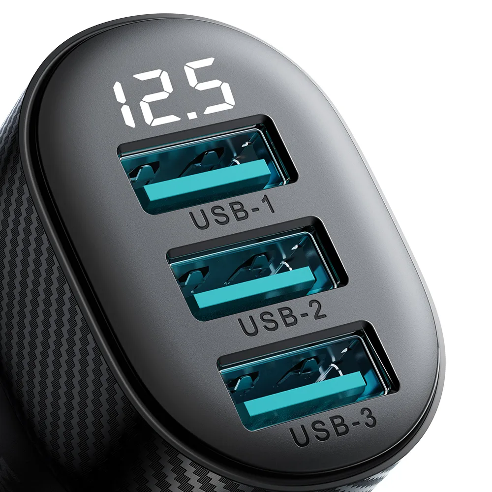 Ładowarka samochodowa 3.4A z wyświetlaczem 3x USB-A czarna 3