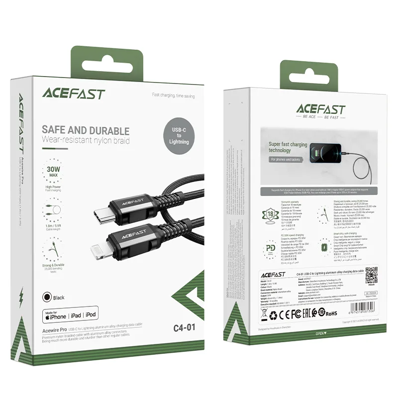 MFI-certified cable for iPhone USB-C to Lightning 30W 3A 1.8m black 5