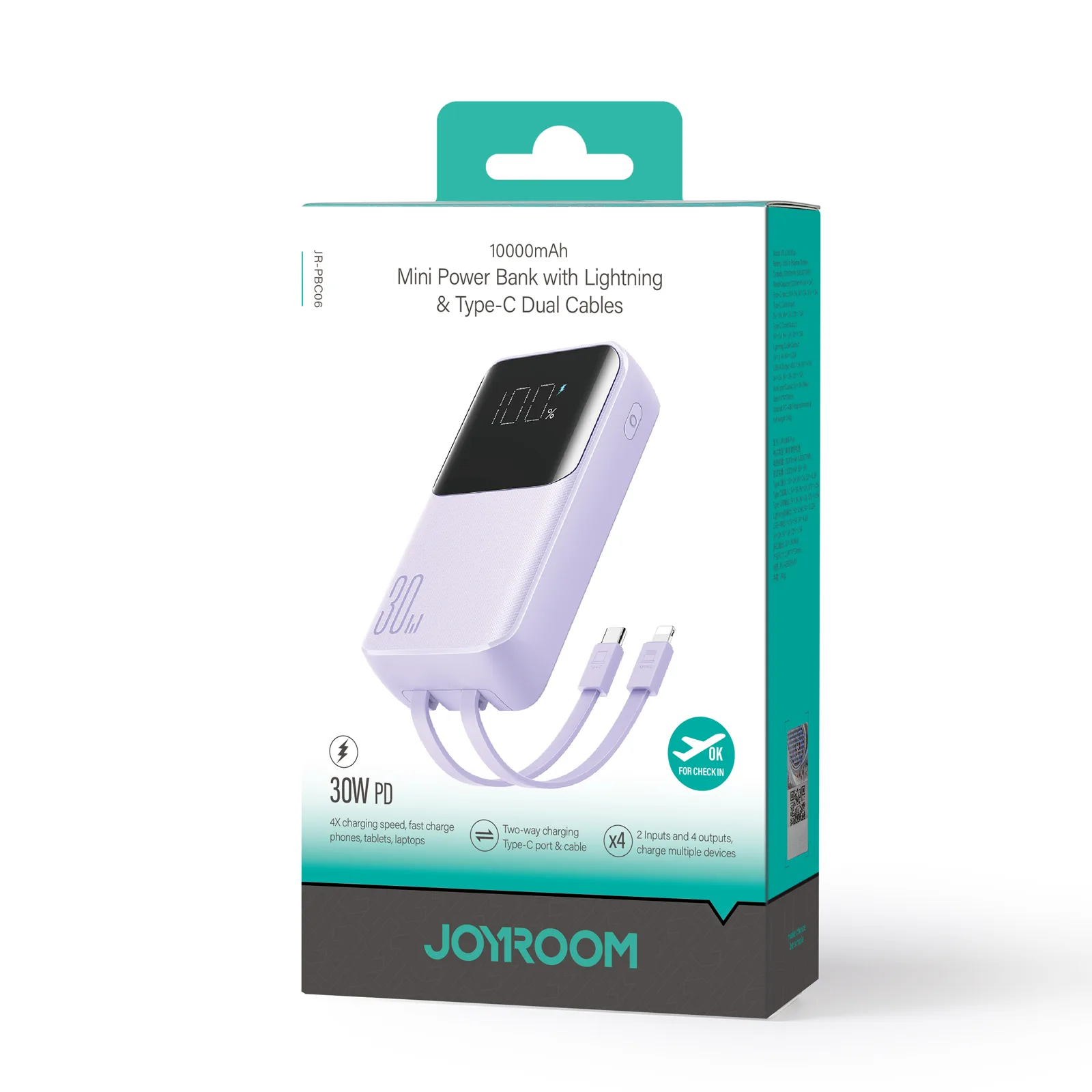 30 W-os, 10 000 mAh-s powerbank beépített iPhone Lightning és USB-C kábelekkel, lila